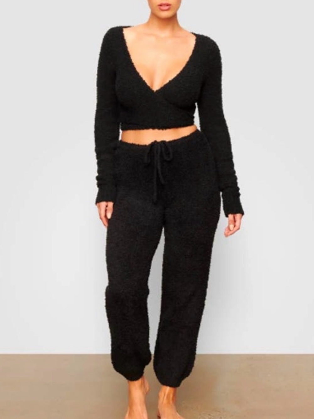 SKIMS Black Cozy Cropped Sweater & Ankle Pants Set